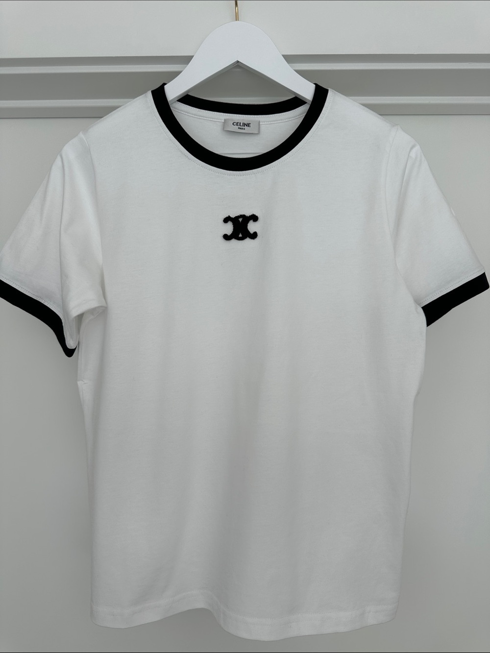 Celine White T-Shirt with Black Trim and Logo